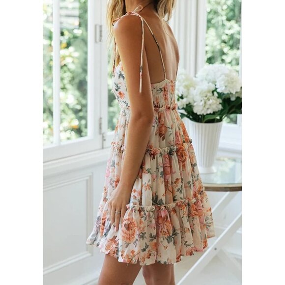 Women's Summer Floral Mini Dress Flowy Dresses Sleeveless Ruffle Dress - Picture 4 of 6